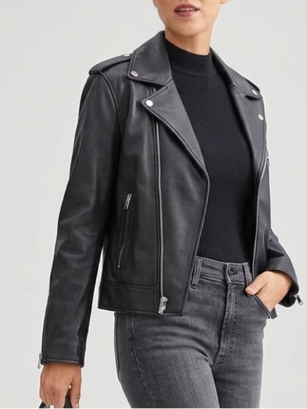 7 For All Mankind Zipper Leather Moto Jacket In Jet Black Medium - Picture 3 of 6